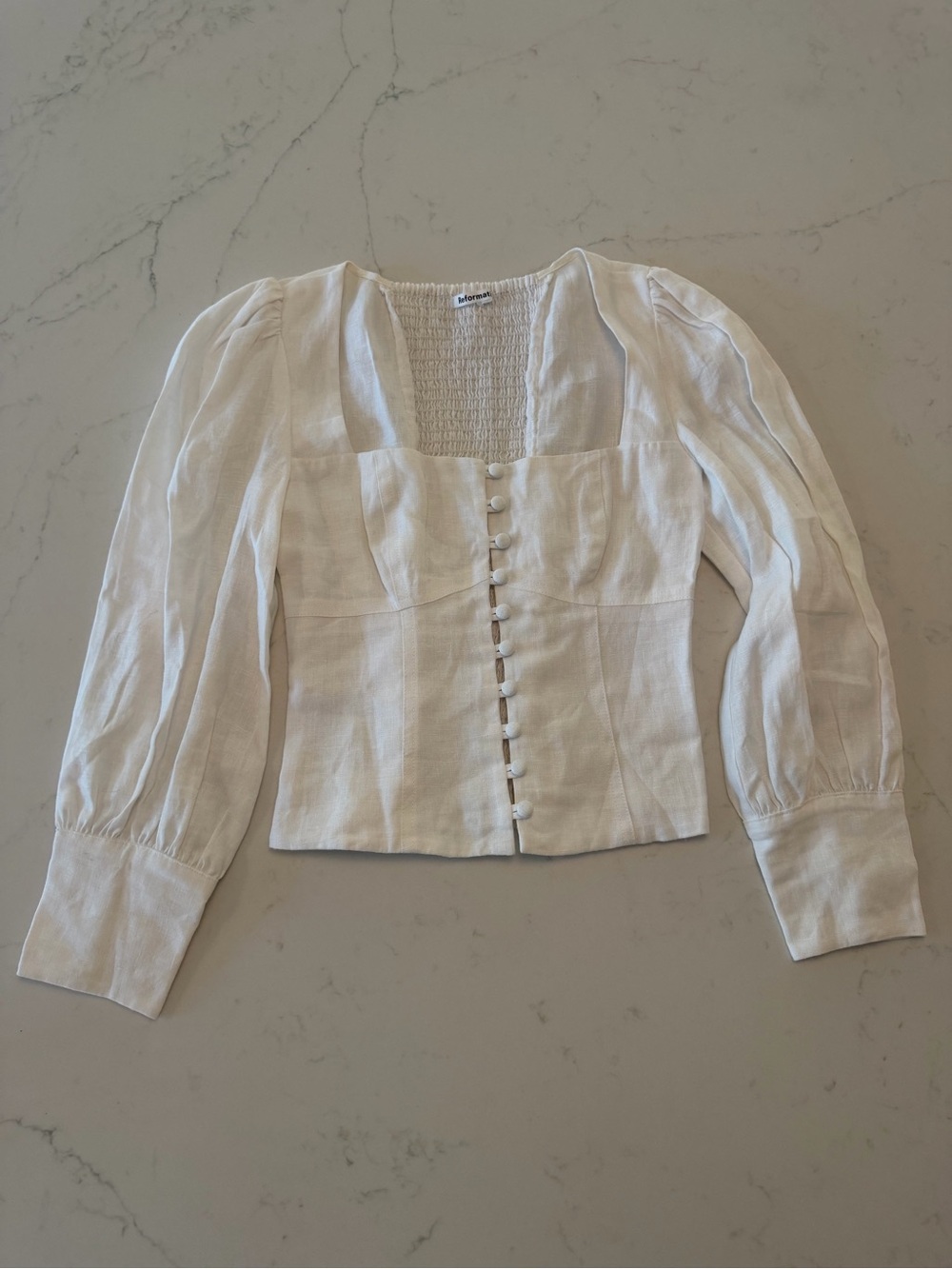 Reformation Cream Square-Neck Button Front Puff Sleeve Blouse